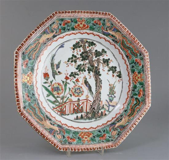 A Chinese famille verte octagonal dish, Kangxi period, W. 34cm